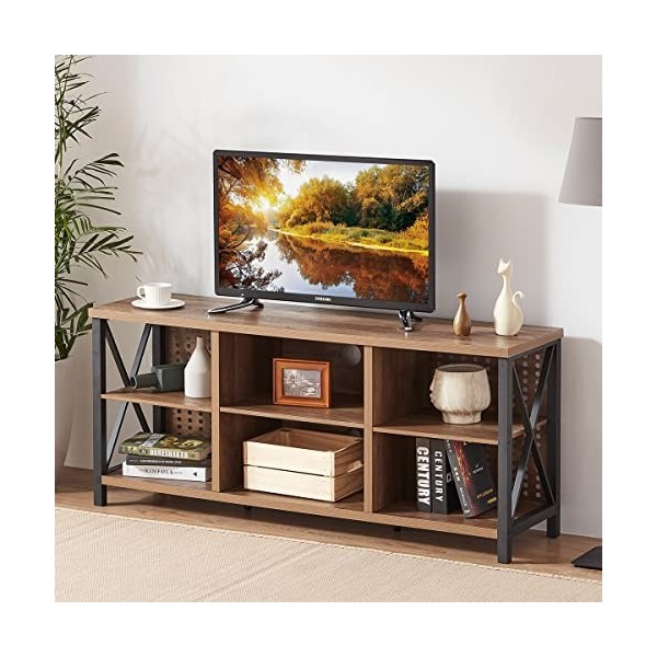 LVB Barnwood Meuble TV rustique en bois et métal avec étagère de rangement pour salon, bureau, 140 cm