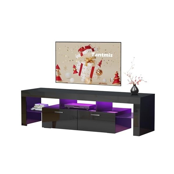 Tantmis Meuble TV LED noir pour TV de 55/65/70/75 pouces, centre multimédia TV, centre de divertissement moderne avec grand e
