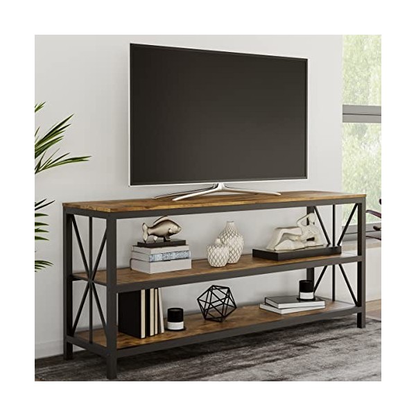 Lavish Home, Brown Farmhouse Meuble TV de 177,8 cm – Centre de divertissement ouvert à 3 niveaux, étagères pour console multi