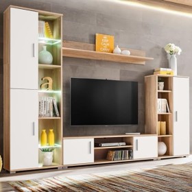 Gecheer Meuble TV Mural avec lumière LED Chêne Sonoma et Blanc Banc TV, Support de Télévision pour Salon, Chambre Meubles de 