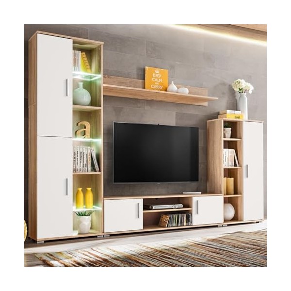 Gecheer Meuble TV Mural avec lumière LED Chêne Sonoma et Blanc Banc TV, Support de Télévision pour Salon, Chambre Meubles de 