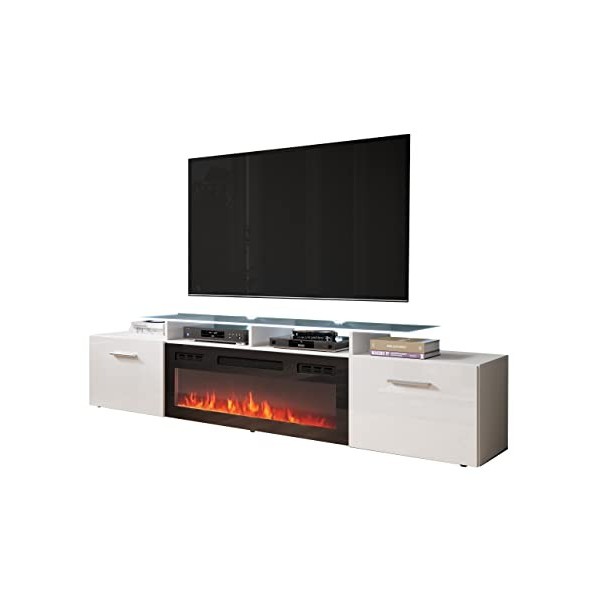 Mirjan24 Rozion Meuble TV avec cheminée électrique flamme LED réaliste avec cristaux décoratifs, cheminée électrique avec cha