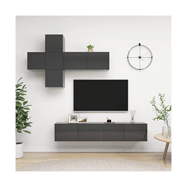 DCRAF Home Hardware Businese Meuble TV 7 pièces en bois Gris brillant