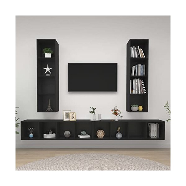 CUTSKY Meuble TV mural en bois 4 pièces Noir