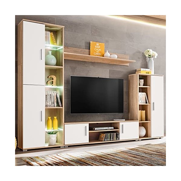 Rillbus Ensemble Meuble TV avec LED | Style Contemporain | Rangement matériel télé Audio Video Gaming | Boîtier en chêne Sono