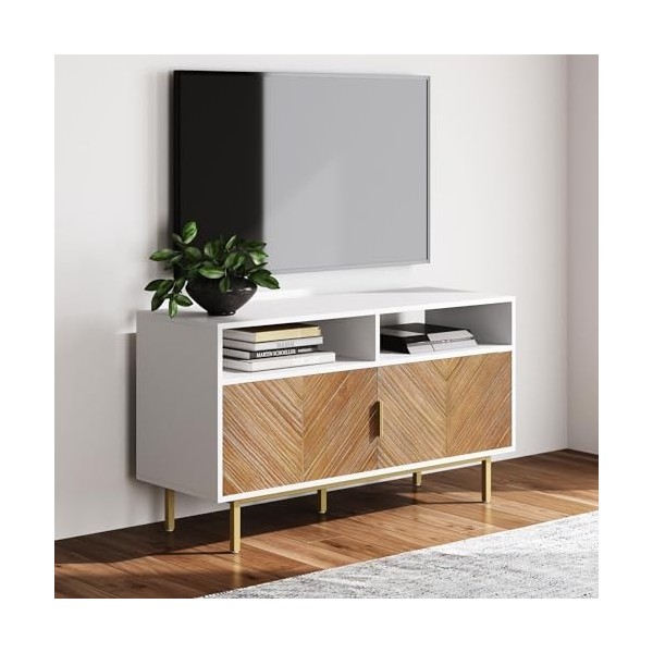 Nathan James Izsak Console multimédia, meuble TV, meuble de divertissement avec portes à chevrons et rangement en bois de sap