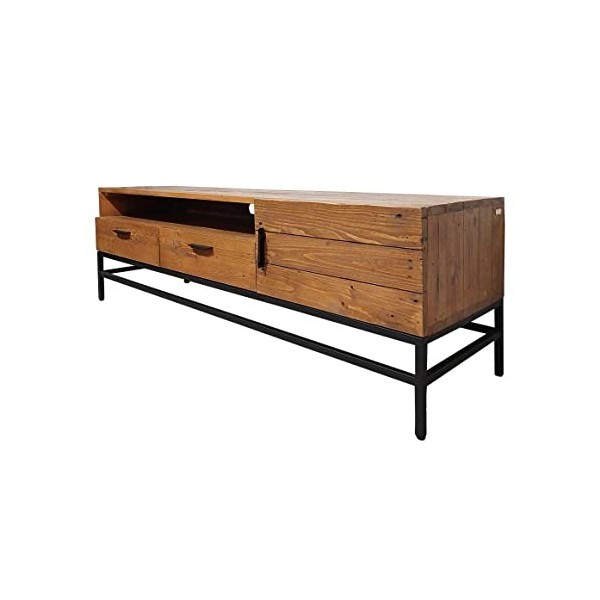 Meuble TV en Bois de pin recyclé et métal Noir 1 Niche 2 tiroirs 1 Porte L.160 cm - Style Industriel Vintage - Factory
