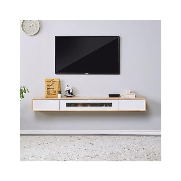 Support mural pour TV Meuble TV flottant en bois, meuble TV mural de 78,7 pouces, étagères flottantes avec 2 tiroirs, console