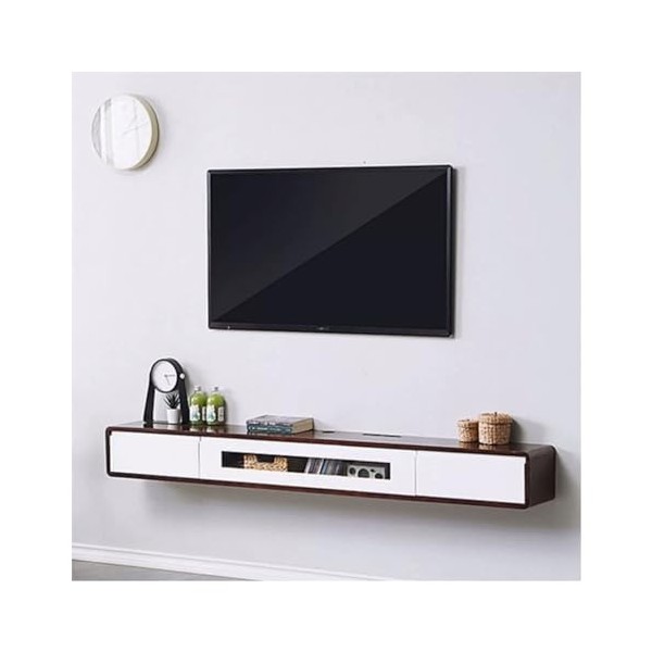 Support mural pour TV Meuble TV flottant en bois, meuble TV mural de 78,7 pouces, étagères flottantes avec 2 tiroirs, console
