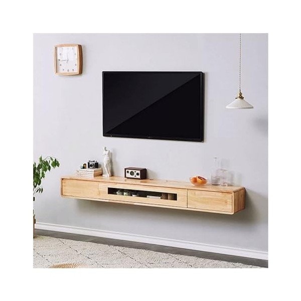 Support mural pour TV Meuble TV flottant en bois, meuble TV mural de 78,7 pouces, étagères flottantes avec 2 tiroirs, console
