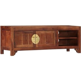 Meuble TV en Bois avec 2 Portes et 2 Compartiments, Centre de Divertissement en Bois dacacia Massif, Table de Console TV, Me