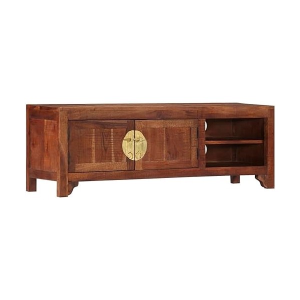 Meuble TV en Bois avec 2 Portes et 2 Compartiments, Centre de Divertissement en Bois dacacia Massif, Table de Console TV, Me