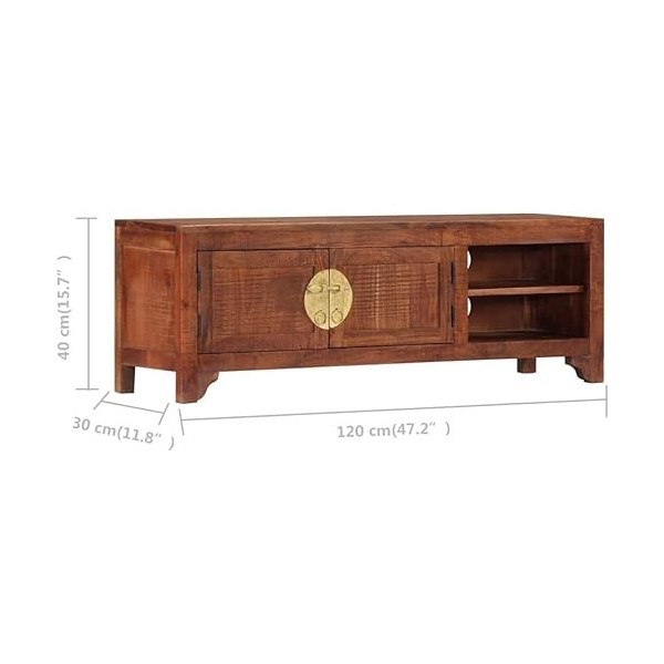 Meuble TV en Bois avec 2 Portes et 2 Compartiments, Centre de Divertissement en Bois dacacia Massif, Table de Console TV, Me