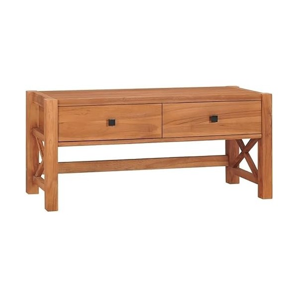 Suuim Meuble TV en Bois avec 2 tiroirs et Pieds en X, Centre de Divertissement en Bois de Teck recyclé, Console TV, Meuble mu