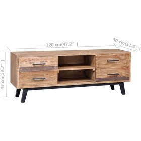 Suuim Meuble TV en Bois avec 4 tiroirs et 2 Compartiments, Centre de Divertissement en Teck Massif, Console TV, Meuble multim