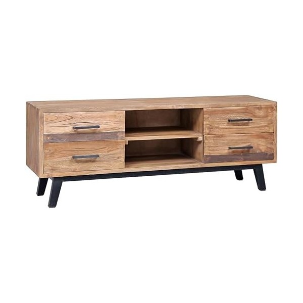 Suuim Meuble TV en Bois avec 4 tiroirs et 2 Compartiments, Centre de Divertissement en Teck Massif, Console TV, Meuble multim