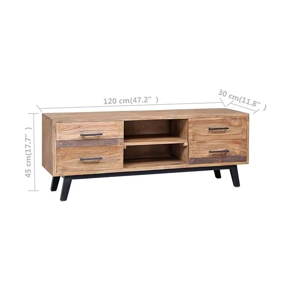 Suuim Meuble TV en Bois avec 4 tiroirs et 2 Compartiments, Centre de Divertissement en Teck Massif, Console TV, Meuble multim