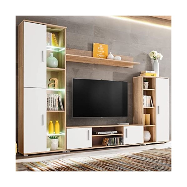 Meuble de salon mural pour TV avec lumières LED chêne Sonoma et blanc armoire TV en bois pour salon chambre à manger