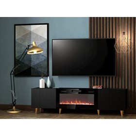 Meuble TV bas Fusbo 180 avec cheminée électrique, meuble TV, meuble inférieur, lampe LED réaliste, cuisinière en cristal, pla
