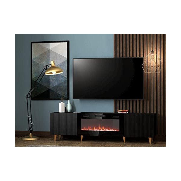 Meuble TV bas Fusbo 180 avec cheminée électrique, meuble TV, meuble inférieur, lampe LED réaliste, cuisinière en cristal, pla