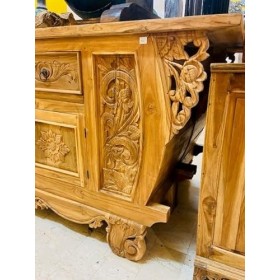 Meuble buffet ethnique sculpté floral artiginal porte TV 2 tiroirs 2 portes en bois teck massif décor exclusif oriental