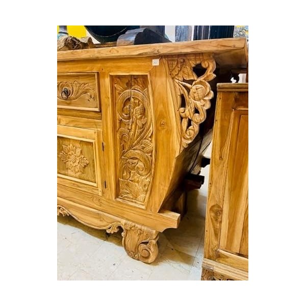 Meuble buffet ethnique sculpté floral artiginal porte TV 2 tiroirs 2 portes en bois teck massif décor exclusif oriental