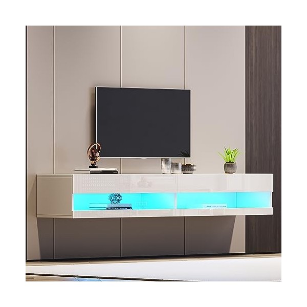 WERSMT Support TV LED flottant - Centre de divertissement mural avec rangement et lumière LED - Meuble TV moderne brillant po