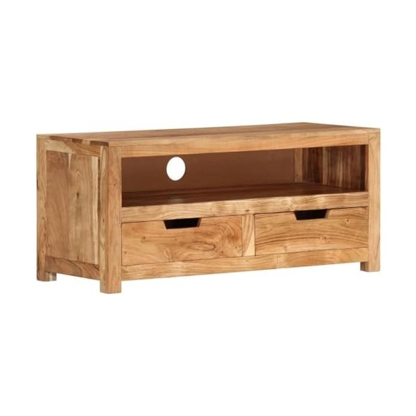 Suuim Meuble TV en Bois avec 1 étagère et 2 tiroirs, Centre de Divertissement en Bois Massif dacacia, Console TV, Meuble mul