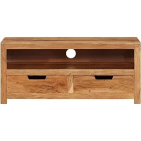 Suuim Meuble TV en Bois avec 1 étagère et 2 tiroirs, Centre de Divertissement en Bois Massif dacacia, Console TV, Meuble mul