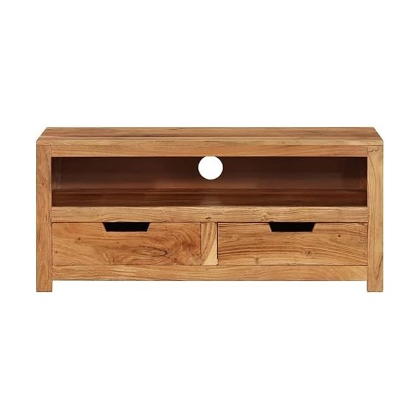 Suuim Meuble TV en Bois avec 1 étagère et 2 tiroirs, Centre de Divertissement en Bois Massif dacacia, Console TV, Meuble mul