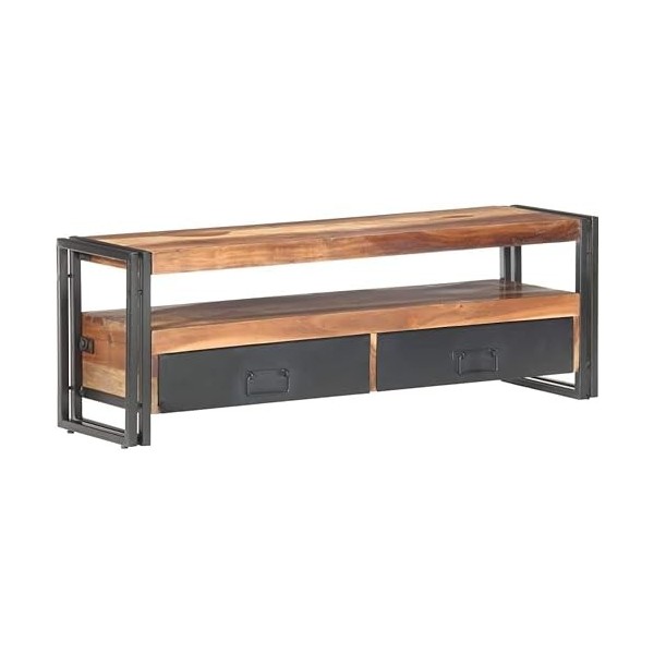 Suuim Meuble TV en Bois avec 2 tiroirs et Un Compartiment Ouvert, Bois Massif avec Finition Sheesham, Centre de Divertissemen