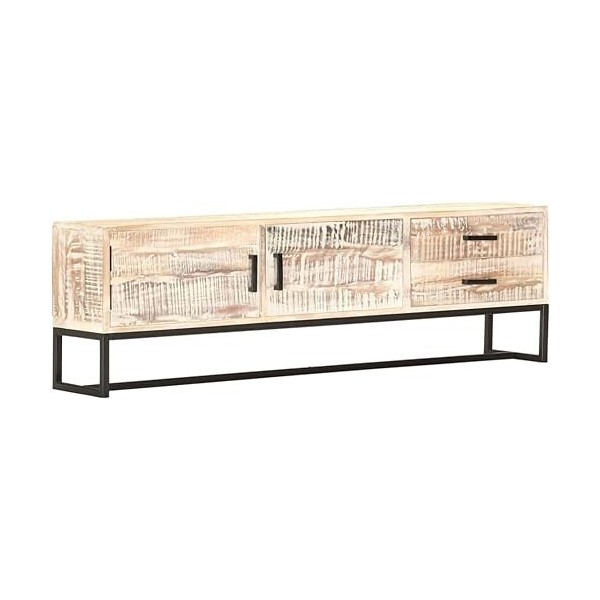Meuble TV en Bois Massif 2 Portes et 2 Tiroirs, Centre de Divertissement en Bois dacacia Massif Blanc Table de Console TV Me