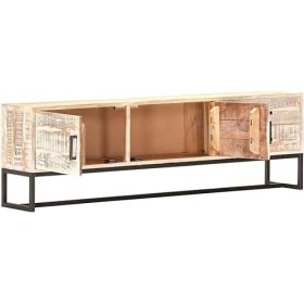 Meuble TV en Bois Massif 2 Portes et 2 Tiroirs, Centre de Divertissement en Bois dacacia Massif Blanc Table de Console TV Me