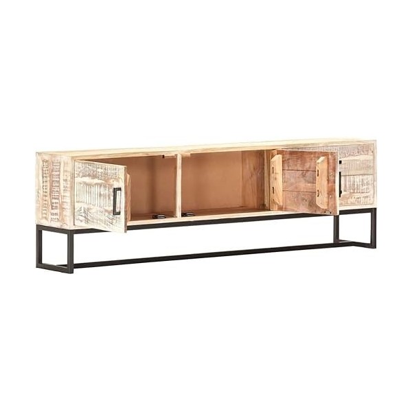 Meuble TV en Bois Massif 2 Portes et 2 Tiroirs, Centre de Divertissement en Bois dacacia Massif Blanc Table de Console TV Me