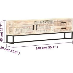 Meuble TV en Bois Massif 2 Portes et 2 Tiroirs, Centre de Divertissement en Bois dacacia Massif Blanc Table de Console TV Me