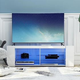RASHIV Convient pour Meuble TV LED de 60 Pouces, Meuble audiovisuel à Double Verre, Meuble de Rangement à partition Ouverte, 