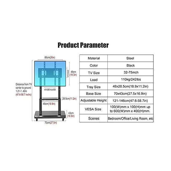 AASSDOO Meuble TV pour Chambre à Coucher/Salon pour écrans Plats 55/40/60/65/70 Pouces, Chariot TV Roulant/Mobile avec roulet