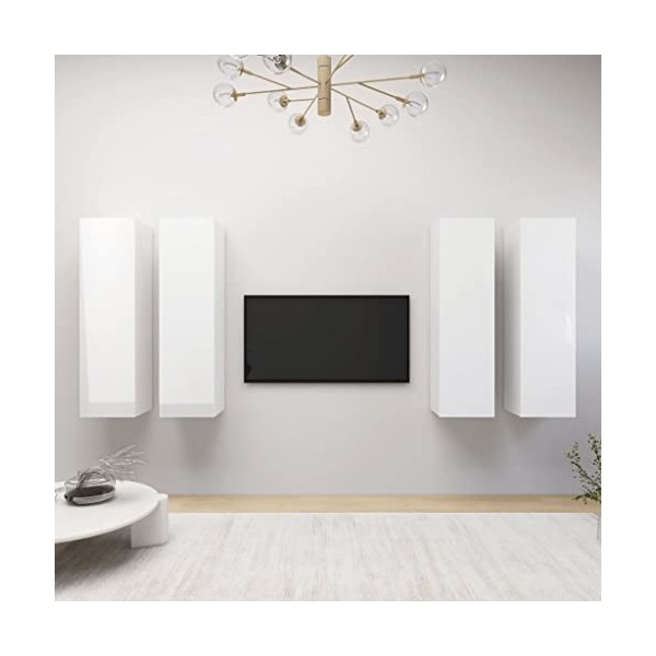 TECHPO Home Hardware Businese Lot de 4 meubles TV en bois Blanc brillant 30,5 x 30 x 110 cm