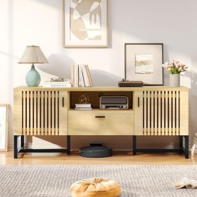 DWVO Meuble TV pour TV de 65", console TV de ferme avec porte à lattes, support en fer, 2 armoires, console multimédia et tro