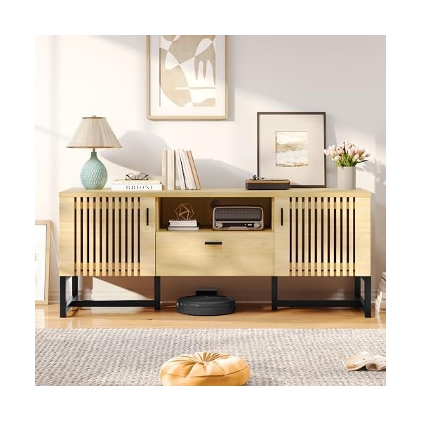 DWVO Meuble TV pour TV de 65", console TV de ferme avec porte à lattes, support en fer, 2 armoires, console multimédia et tro