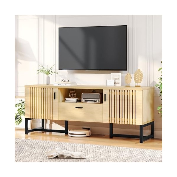 DWVO Meuble TV pour TV de 65", console TV de ferme avec porte à lattes, support en fer, 2 armoires, console multimédia et tro