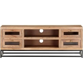 Suuim Meuble TV en Bois avec 4 tiroirs et 2 étagères, Centre de Divertissement en Bois dacacia Massif, Console TV, Meuble mu
