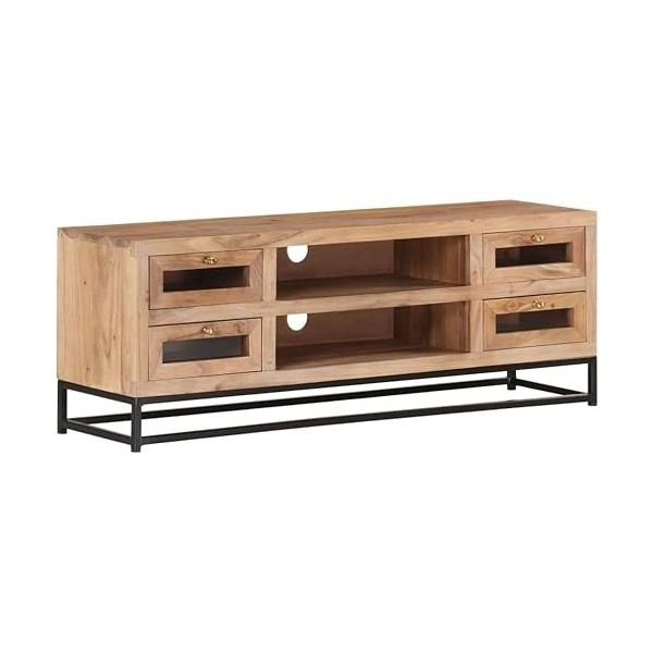 Suuim Meuble TV en Bois avec 4 tiroirs et 2 étagères, Centre de Divertissement en Bois dacacia Massif, Console TV, Meuble mu