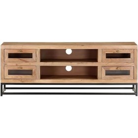 Suuim Meuble TV en Bois avec 4 tiroirs et 2 étagères, Centre de Divertissement en Bois dacacia Massif, Console TV, Meuble mu