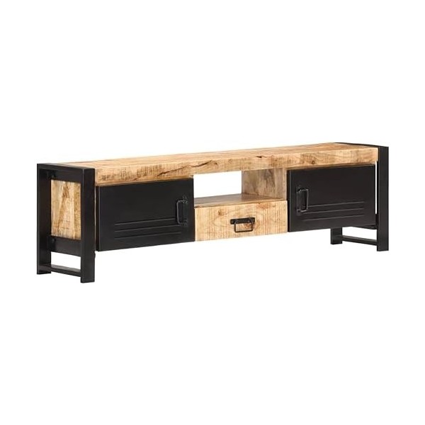 Suuim Meuble TV en Bois avec 2 Portes, Un tiroir et Une étagère, Centre de Divertissement en Bois de manguier Brut, Console T