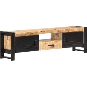Suuim Meuble TV en Bois avec 2 Portes, Un tiroir et Une étagère, Centre de Divertissement en Bois de manguier Brut, Console T