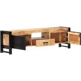 Suuim Meuble TV en Bois avec 2 Portes, Un tiroir et Une étagère, Centre de Divertissement en Bois de manguier Brut, Console T