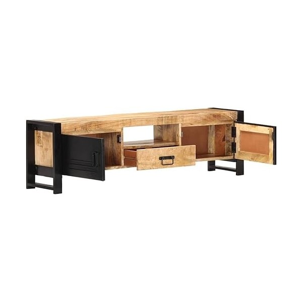 Suuim Meuble TV en Bois avec 2 Portes, Un tiroir et Une étagère, Centre de Divertissement en Bois de manguier Brut, Console T
