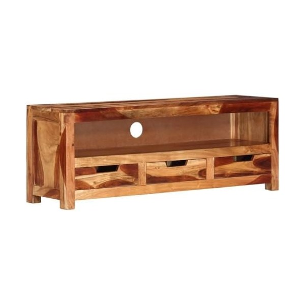 Suuim Meuble TV en Bois avec 1 étagère et 3 tiroirs, Centre de Divertissement en Bois Massif dacacia, Console TV, Meuble mul