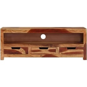 Suuim Meuble TV en Bois avec 1 étagère et 3 tiroirs, Centre de Divertissement en Bois Massif dacacia, Console TV, Meuble mul